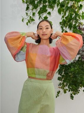 Rujuta Sheth Elizabeth Crop Top in Jupiter Chex Madras Plaid Long Sleeve Puffy